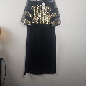 NWT Shein Women's Black And Gold Sequins ¾ Sleeve Maxi Dress 4XL